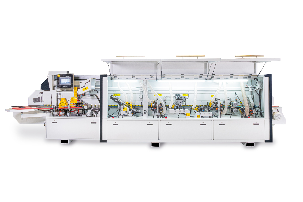 TUANA 56 PREMIUM – Masina automata de aplicat cant industriala cu Canelare Integrata, Hot Air, Rotunjire Colturi, Pre-frezare Dubla, Reglaj Automat si Control PLC pentru cantuirea profesionala a mobilierului, finisaj premium si productie intensiva